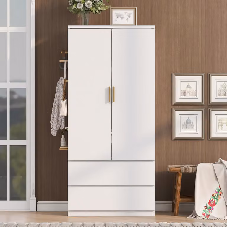 Armadio okwish con 2 cassetti, pannello laterale forato, armadio singolo multifunzionale con spazio di stoccaggio nascosto, colore bianco