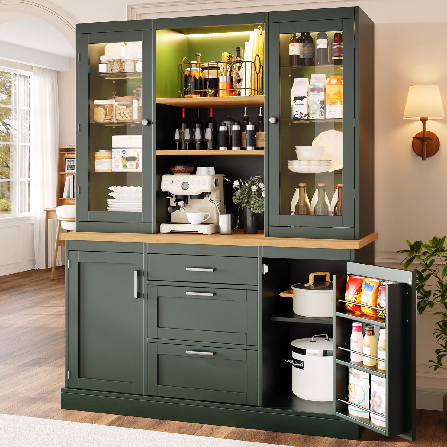 MODFU Mobile da cucina con 3 cassetti e illuminazione a LED controllabile tramite app Mobile contenitore con ripiani aperti e 2 ante in vetro Mobile alto con piano di lavoro Adatto per il soggiorno o la cucina Colore verde