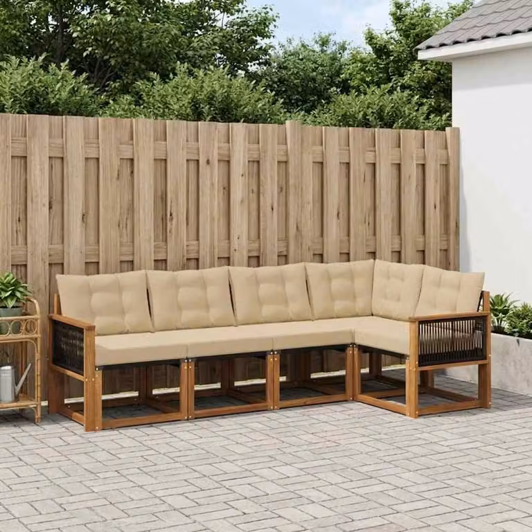 Set di divani da esterno vidaXL a forma di L composto da 5 pezzi in legno di acacia con cuscini beige e marrone