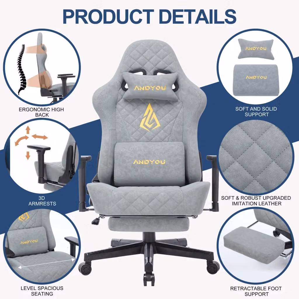 Poltrona da gaming ergonomica Minimal in similpelle grigia con poggiatesta e braccioli – 2