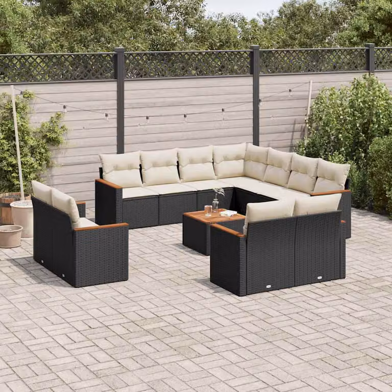 Set di divani da giardino vidaXL a forma di U in polyrattan nero con cuscini e tavolino da caffè