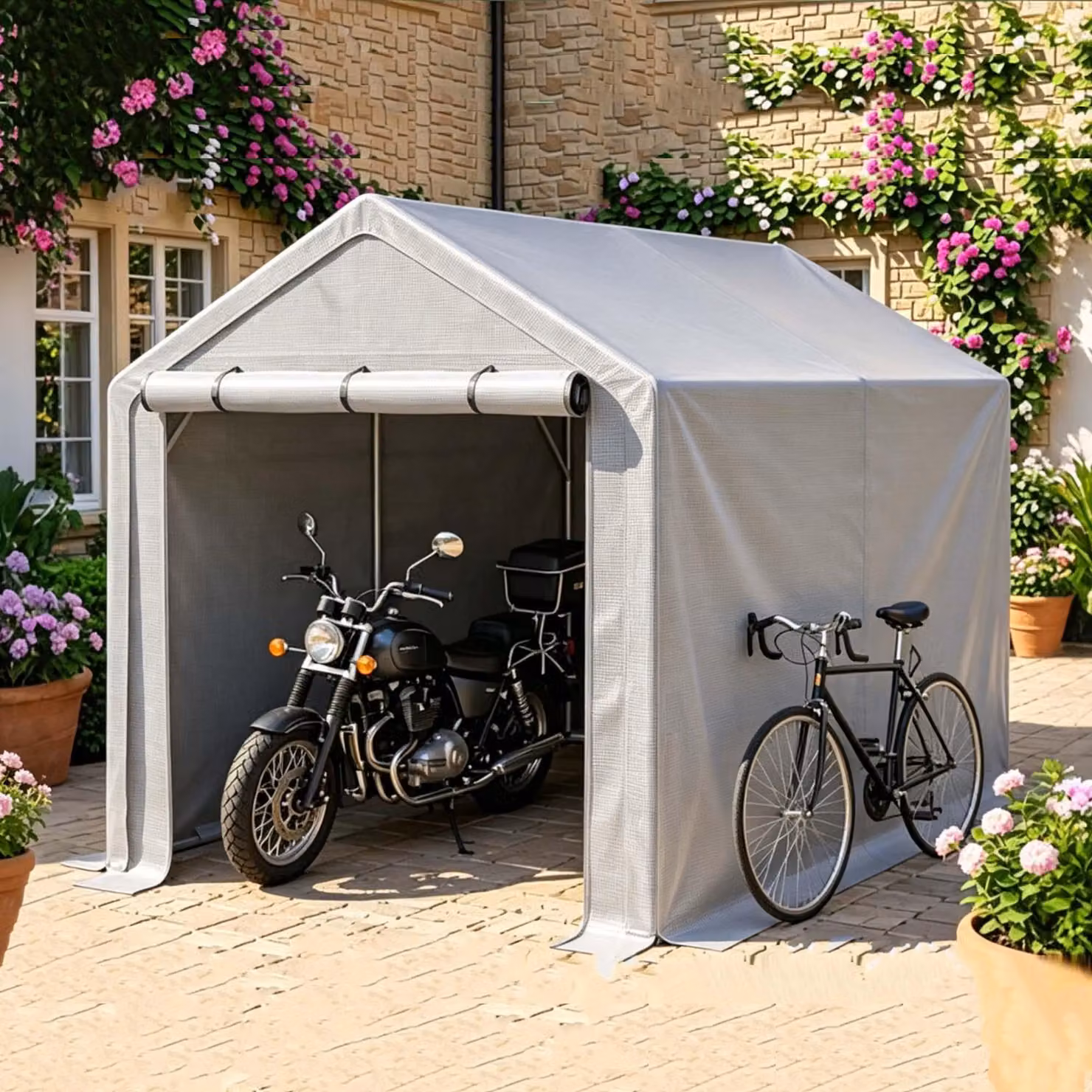 Edificio multifunzionale 296x190x200, garage per biciclette, capanno da giardino, tenda per attrezzi, magazzino. Colore: grigio