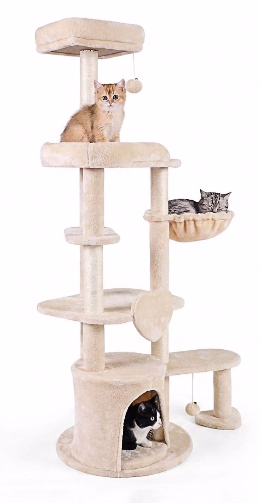 KOMFOTTEU, tiragraffi da 149 cm con cuccia, piattaforma e palline per gatti