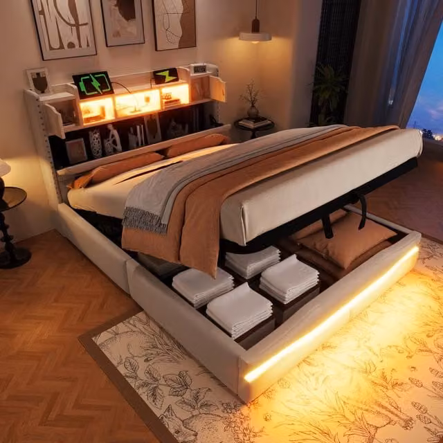 Letto matrimoniale imbottito 140 × 200 cm con contenitore idraulico in lino beige LED USB tipo C