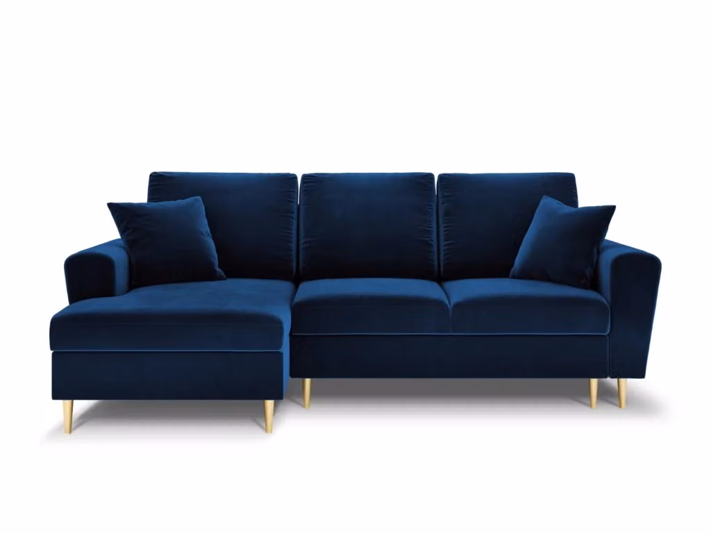 Divano convertibile angolare sinistro Kyoto di Cosmopolitan Design con contenitore, 4 posti, in velluto blu e oro, L: 241 cm, P: 145 cm, H: 88 cm – 2