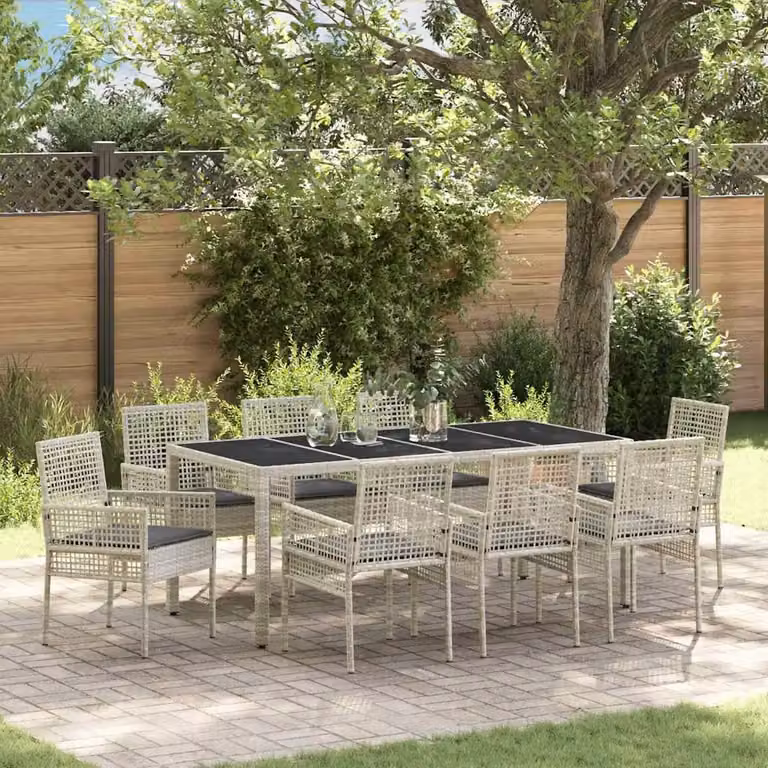 Set da pranzo per giardino e terrazzo vidaXL in polyrattan e vetro, 9 pezzi, Grigio