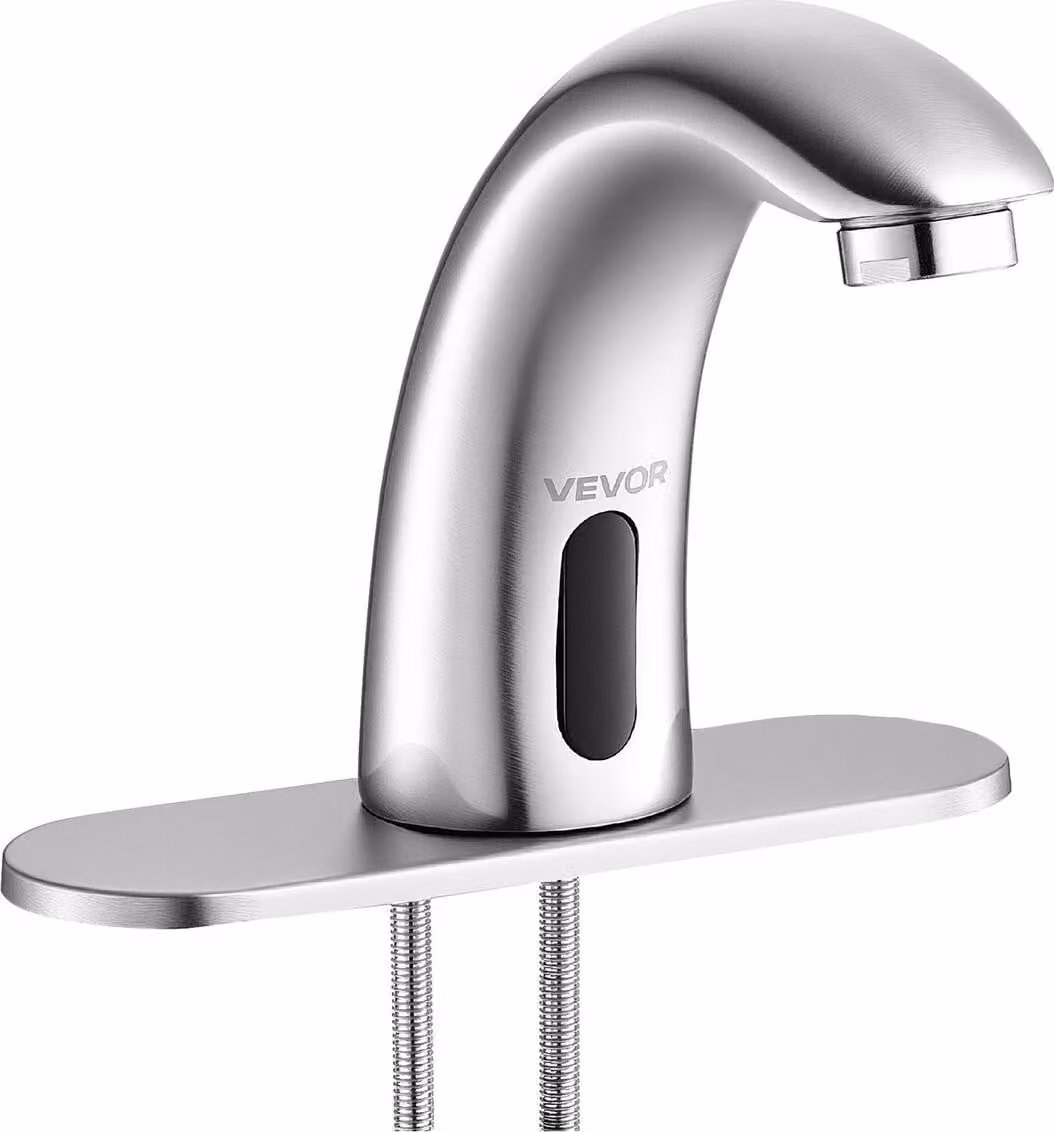 Rubinetto touchless per lavabo da bagno, rubinetto automatico con sensore di movimento per WC con piastra di copertura del foro, alimentato a batteria, temperatura regolabile per lavabo commerciale con tubo da 9,5 mm, argento nichel spazzolato