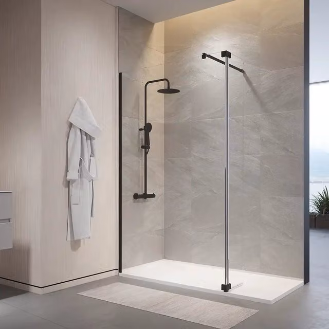 Doccia walk-in 110cm + anta 30cm vetro temperato anticalcare 10mm trasparente profili neri | Naxos