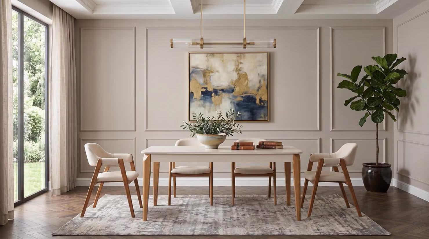 Tavolo beige moderno ed elegante, accompagnato da 4 sedie in legno, un insieme raffinato e perfetto