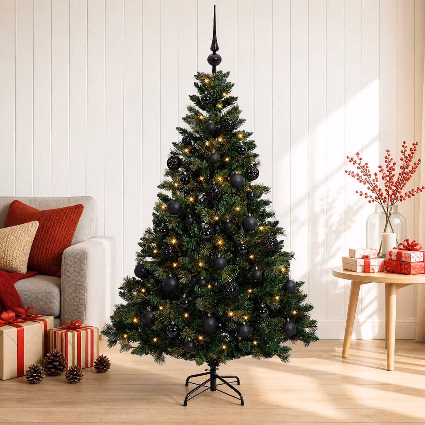 Albero di Natale artificiale verde vidaXL con 150 LED luce bianca calda e decorazioni con palline, Altezza: 120 cm