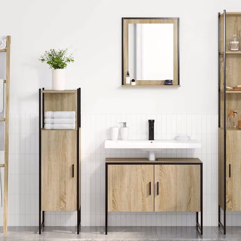 Set di mobili per il bagno vidaXL 3 pezzi Marrone con illuminazione LED, composto da armadietto con specchio, mobile lavabo e mobile laterale, L/P/H: 33 x 33 x 120,5 cm