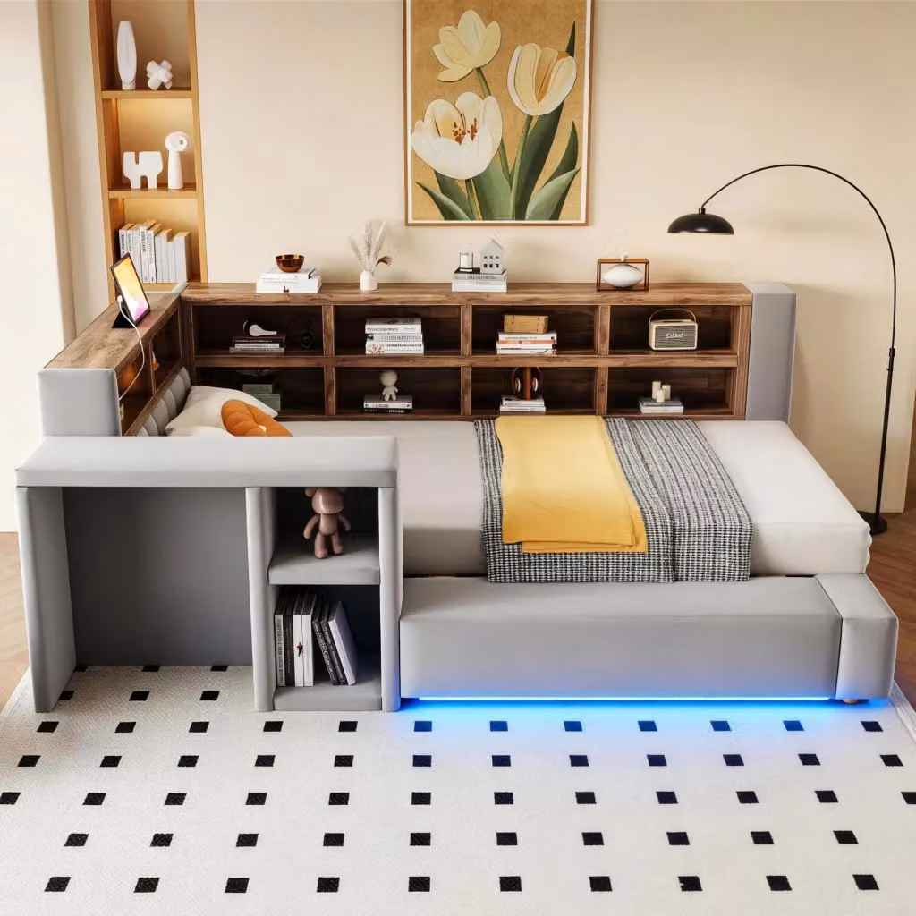 Letto imbottito Mivray in velluto grigio scuro con testiera a ripiani, luci LED, prese USB e tavolino laterale, L/P/H: 90 x 200 x 130.5 cm – 2