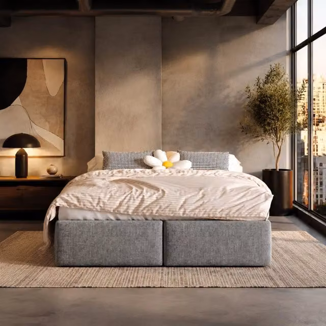 Letto imbottito 140x200 cm grigio con contenitore idraulico e 2 cassetti