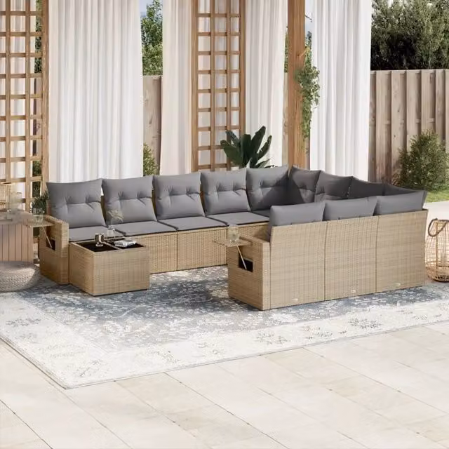 Set di Divani da Giardino vidaXL in Polyrattan 11 Pezzi con Cuscini Beige e Grigio e Tavolino da Esterno – 1