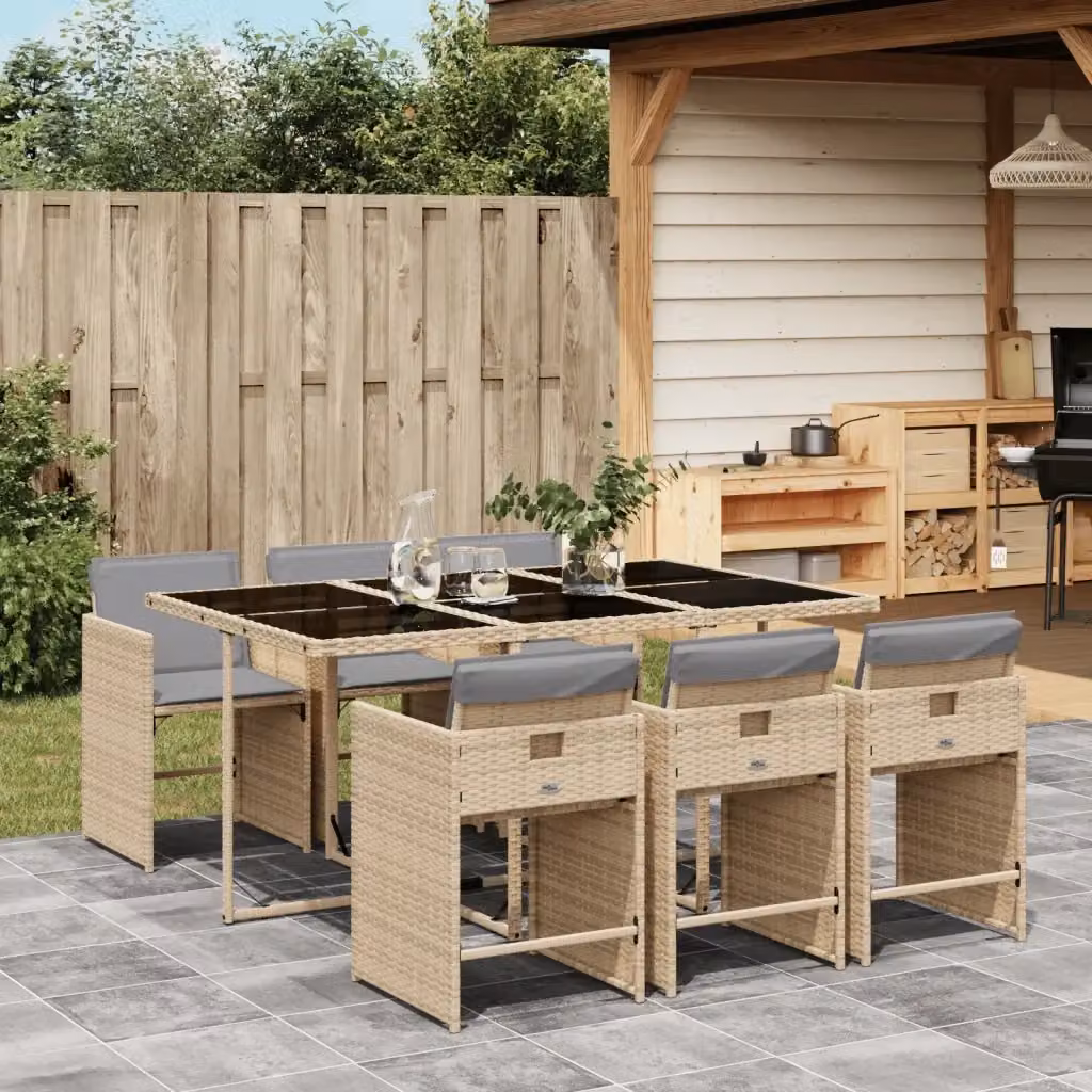 Set da Giardino Moderno in Polyrattan da 7 Pezzi con Tavolo in Vetro e Cuscini Beige, Nero e Grigio – 2