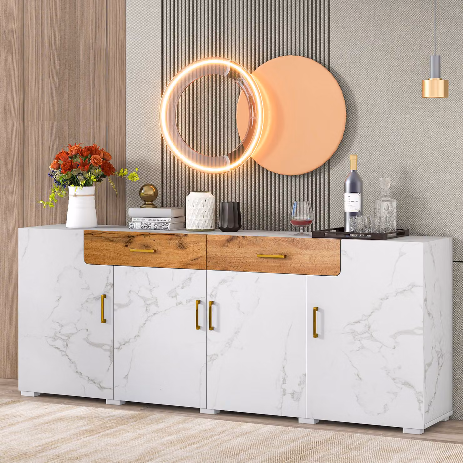 Credenza Merax in marmo bianco con 2 cassetti e 4 ante, cassettiera in legno