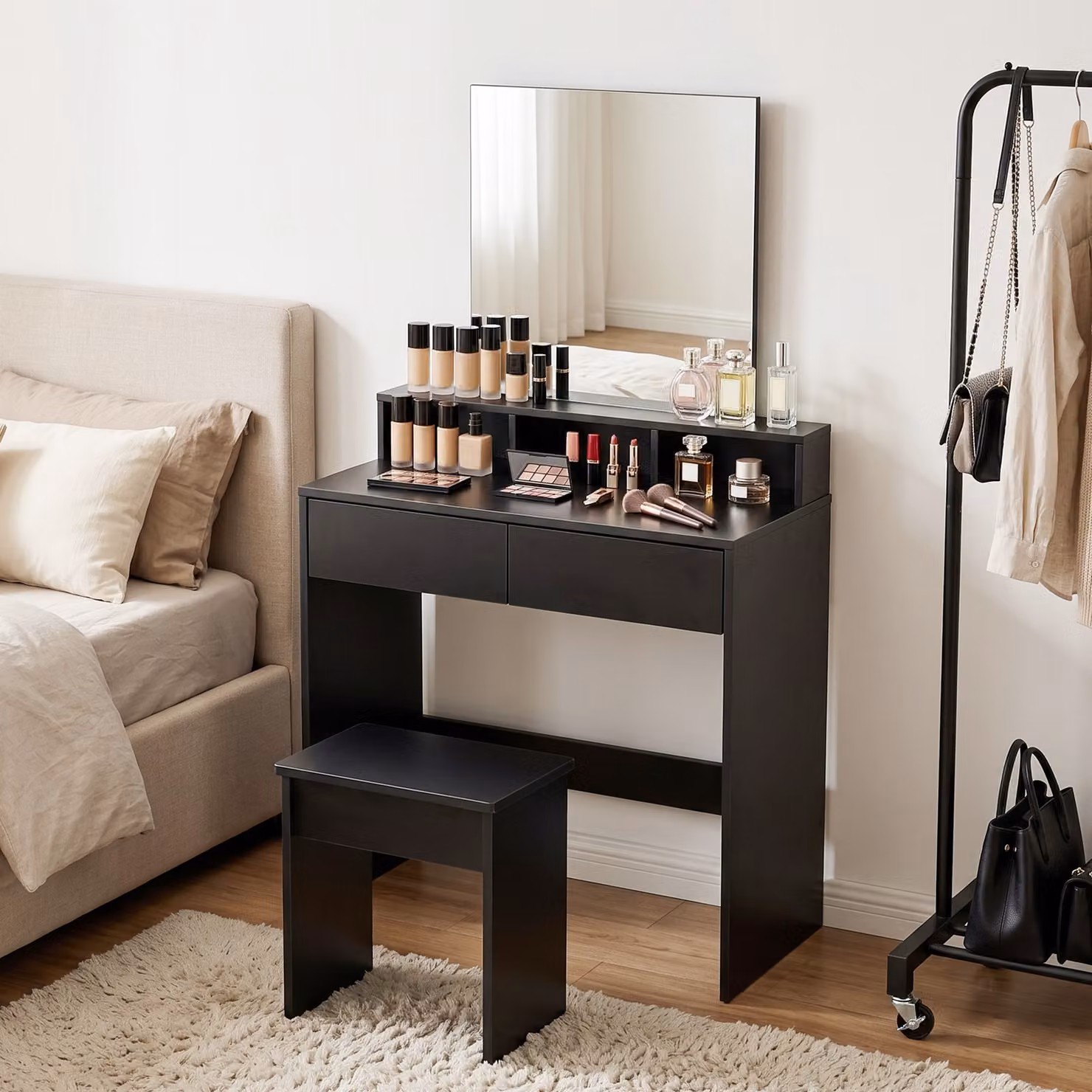 Tavolo da Trucco HOMCOM con Specchio, 3 Ripiani, 2 Cassetti e Sgabello in Legno, Nero, L: 75 cm, P: 38 cm, H: 135 cm – 2