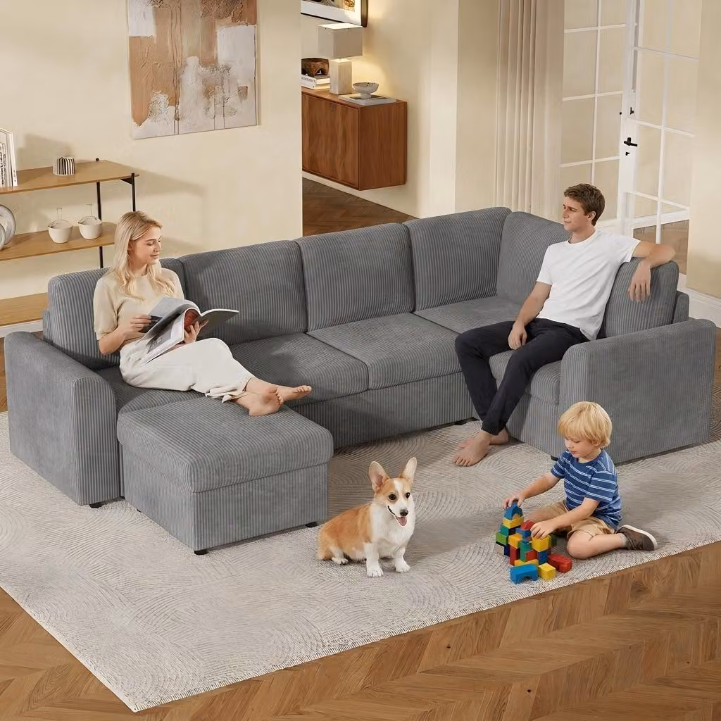 Merax, divano ad angolo a forma di U a 4 posti con 2 pouf contenitori, divano letto modulare, divano in ciniglia, divano per soggiorno e camera degli ospiti, grigio