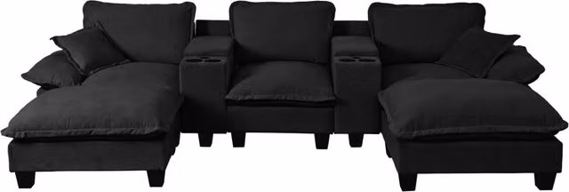 Divano modulare a U Cloud in chenille nero con portabevande, porta USB, 2 pouf e 2 cuscini, 323x155x90 cm