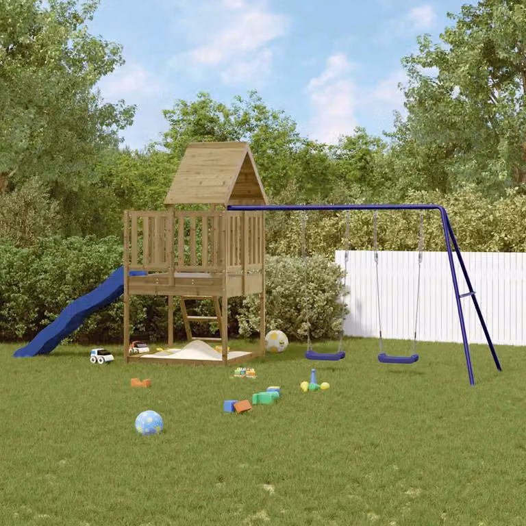 vidaXL Set da Gioco da Esterno in Legno di Pino con Scivolo, Altalena e Sabbiera, Blu e Marrone, L: 235 cm, P: 228 cm, H: 235 cm