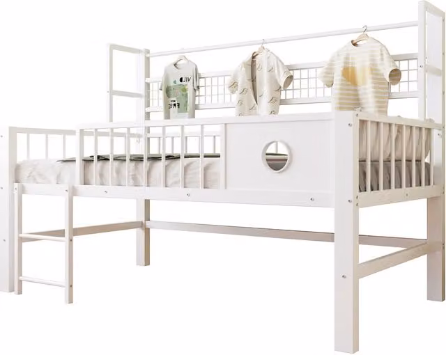 Letto a soppalco basso per bambini 90x200 cm in metallo e MDF; bianco