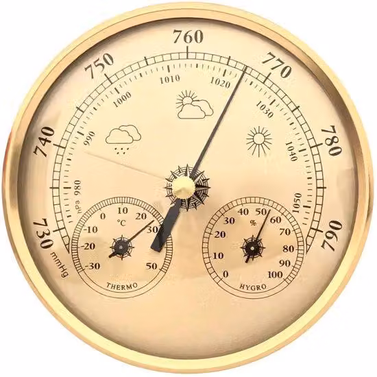 Stazione meteorologica 3-in-1: barometro, termometro, igrometro. Previsioni del tempo. Misurazioni precise. Dimensioni: 14x14x4 cm. Colore: oro