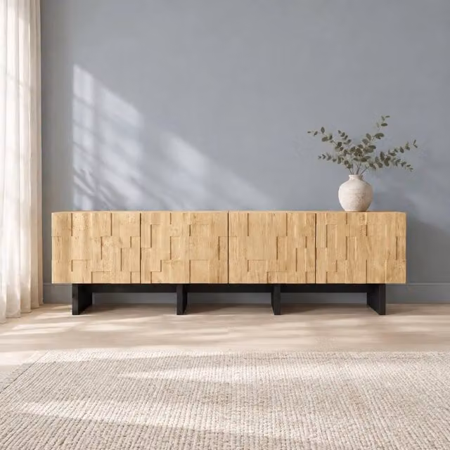 Mobile TV con 4 ante a pressione e 4 vani chiusi, finitura legno naturale, per soggiorno, 180 × 38.5 × 45 cm