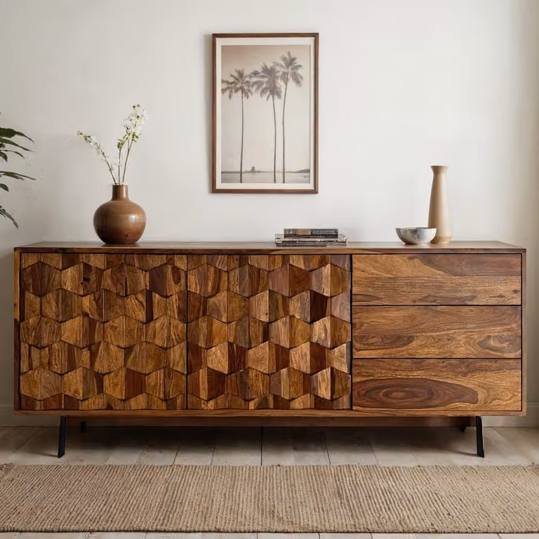 FineBuy Credenza in legno massiccio di Sheesham 175 cm 2 porte e 3 cassetti - Cassettiera solida retrò gambe in metallo - Credenza di design naturale - Fatto a mano Industriale