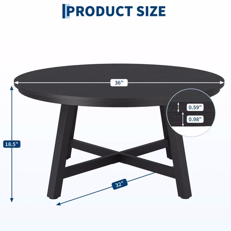 Tavolino rotondo - Tavolino da soggiorno - Diametro 91 cm, altezza 47 cm - Design industriale - Aspetto legno - Gambe robuste - Piedini regolabili - Nero