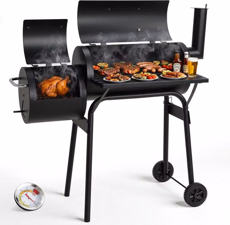 Barbecue a carbonella e affumicatore 2 in 1 - Carrello barbecue - Barbecue a carbonella con funzione affumicatore - Acciaio smaltato - Superficie di cottura 60 x 26,5 cm - Canna fumaria, termometro, 2 ruote