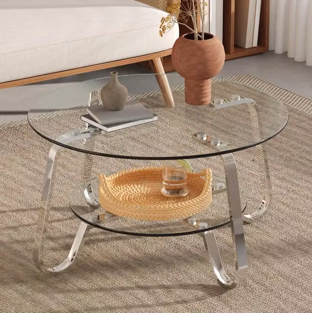 Tavolino basso rotondo 90,5x89x10,5 cm argento metallo, doppio ripiano in vetro