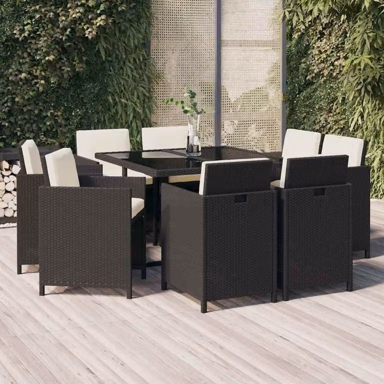 Set da pranzo da giardino vidaXL in polyrattan nero con cuscini e tavolo in vetro per 9 persone