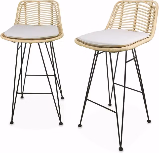 Set di 2 sgabelli da bar Sweeek in metallo e rattan, stile industrial, beige, Altezza: 67 cm