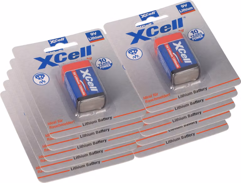10 batterie al litio XCell X9V-B da 9V, formato blocco, capacità 1200mAh, confezionate in blister - adatte per rilevatori di fumo e sistemi di sicurezza