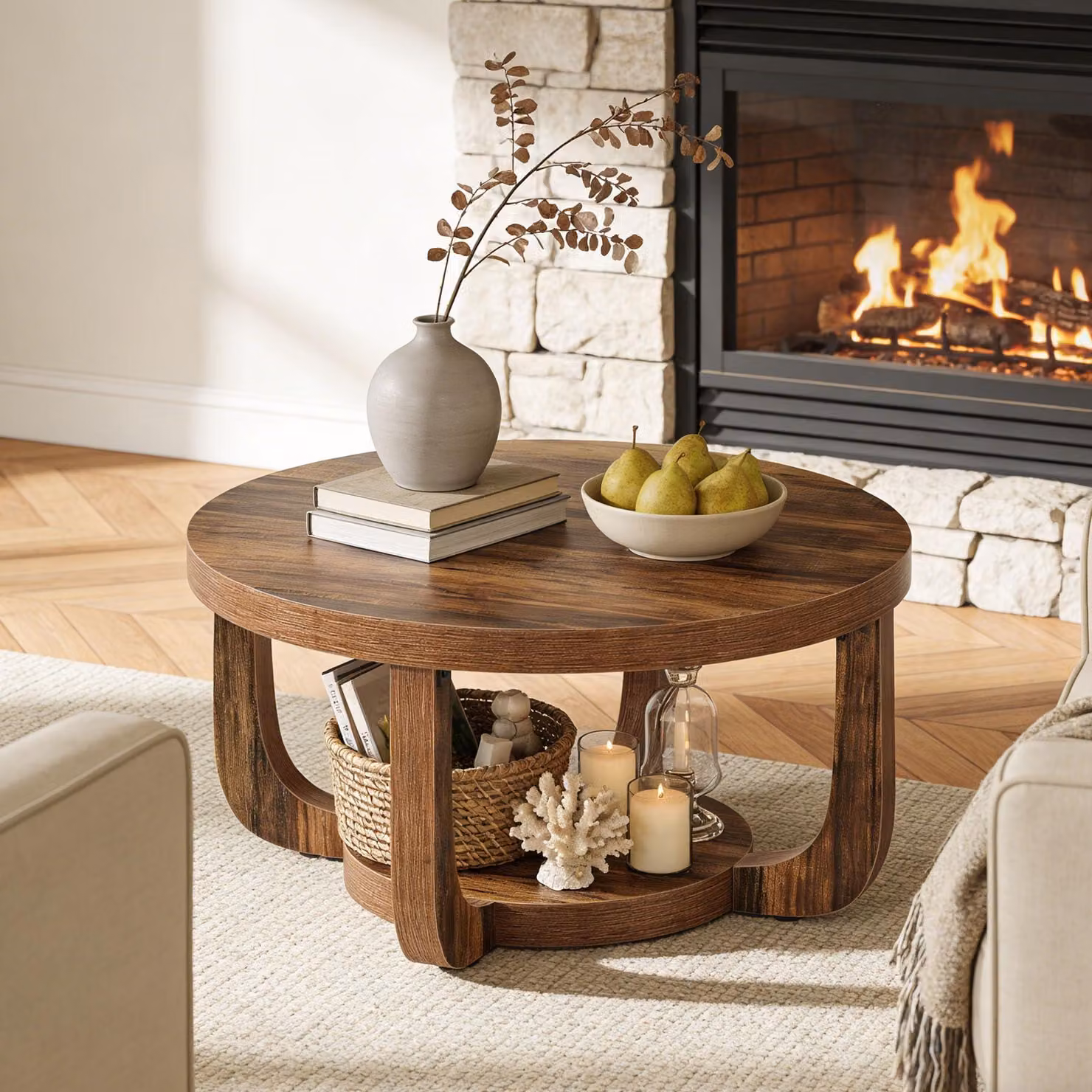 Tavolino rotondo LITTLE TREE, 80 cm, con 2 ripiani, tavolino in legno per il soggiorno, marrone scuro