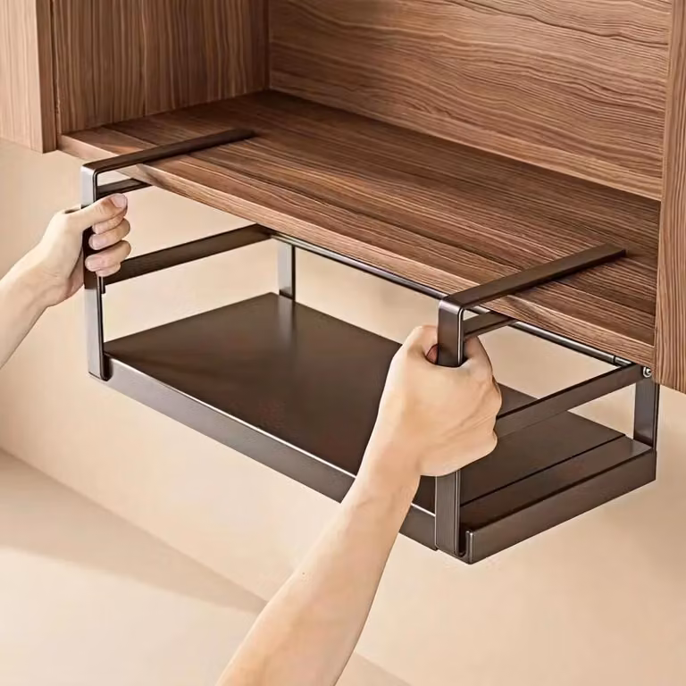 Cestello da appendere sotto la mensola - Ripiano da cucina - Acciaio - Larghezza regolabile - Per carichi pesanti - Montaggio con ganci - A un piano - Nero