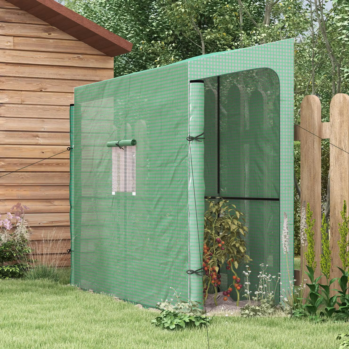 Serra da giardino a muro Outsunny con 2 porte avvolgibili e copertura in PE anti UV, Verde, L 200 cm x P 80 cm x H 200 cm – 2