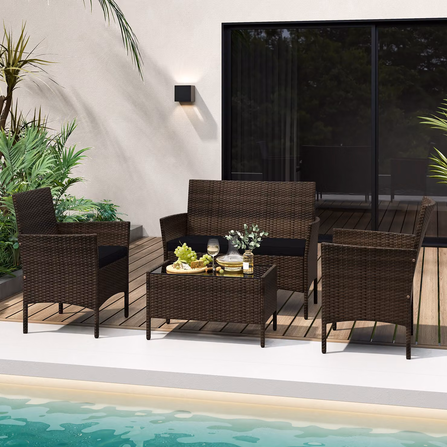 Set da conversazione modulare Costway in rattan e metallo da 4 pezzi con cuscini per giardino e veranda, colore nero