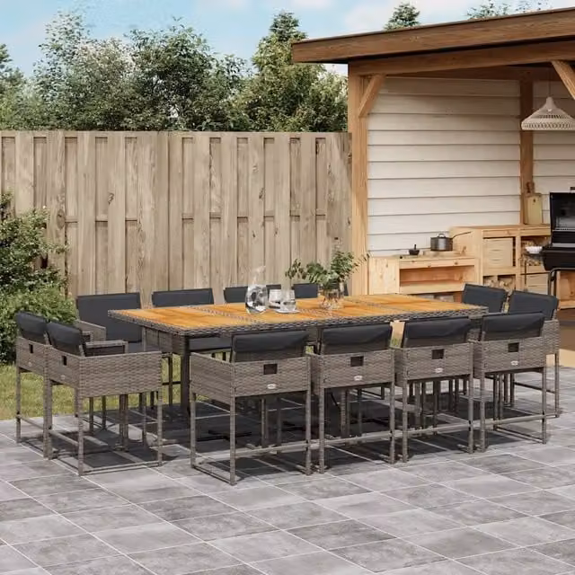 Set da pranzo da giardino vidaXL in polyrattan e legno di acacia con 13 pezzi e cuscini grigi