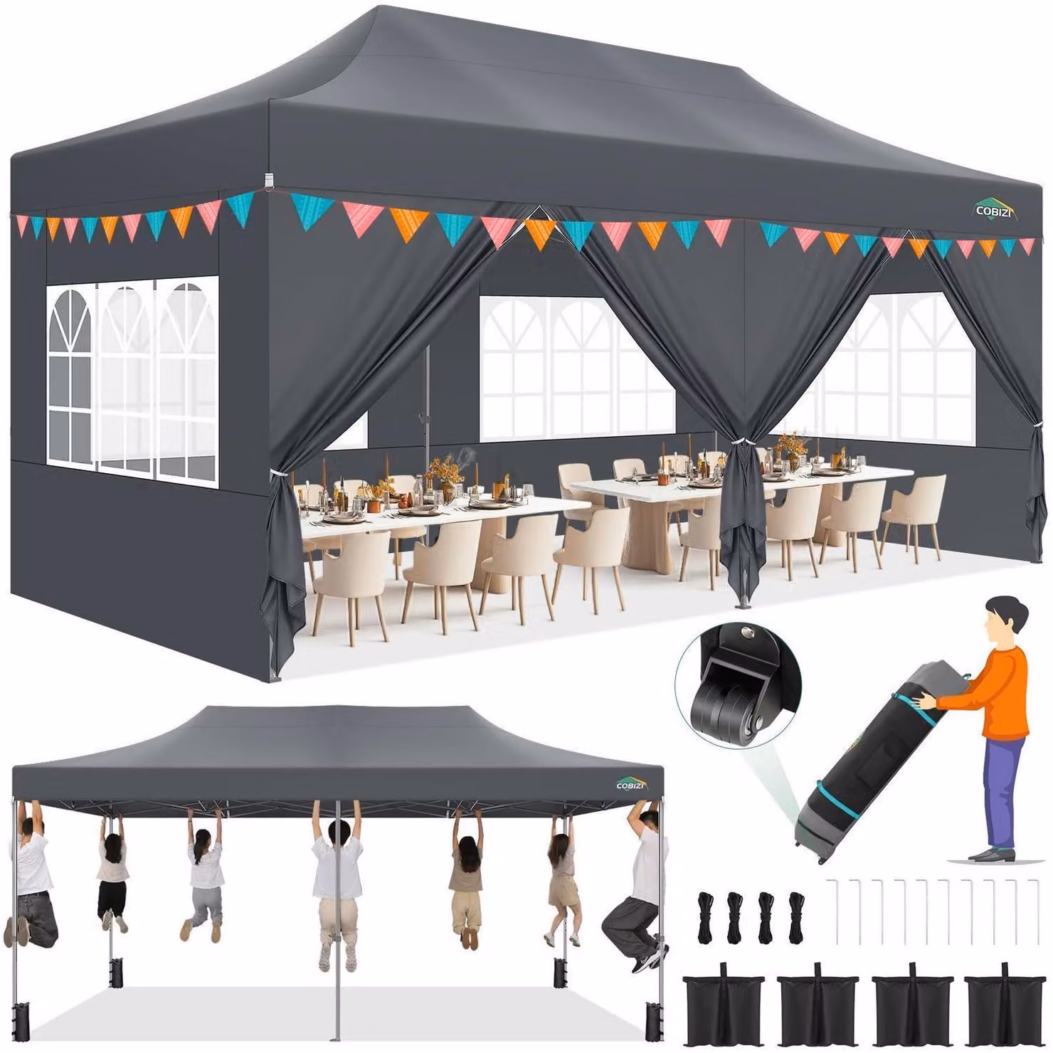 Gazebo da esterno 3x6 metri, impermeabile, con protezione UV, colore grigio, dotato di 6 pareti laterali e con 3 altezze regolabili