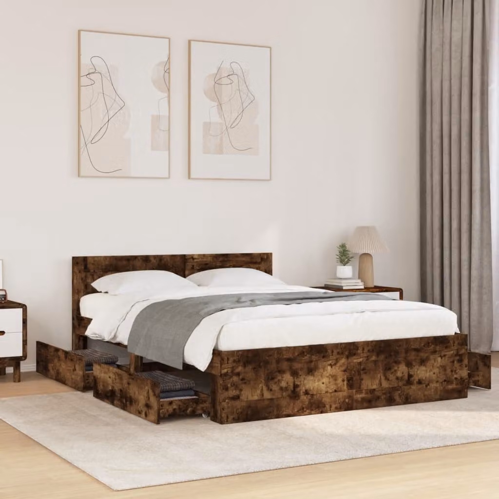 vidaXL Giroletto con Testiera in Rovere Fumo e Legno Multistrato, Colore Marrone, L/P/H: 120 x 200 x 69 cm