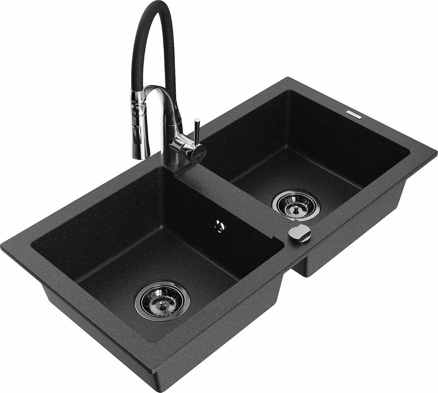 Mexen Mario lavello in granito a 2 vasche con rubinetto da cucina Aster, nero/argento metallico - 6504-73-73450-07-B