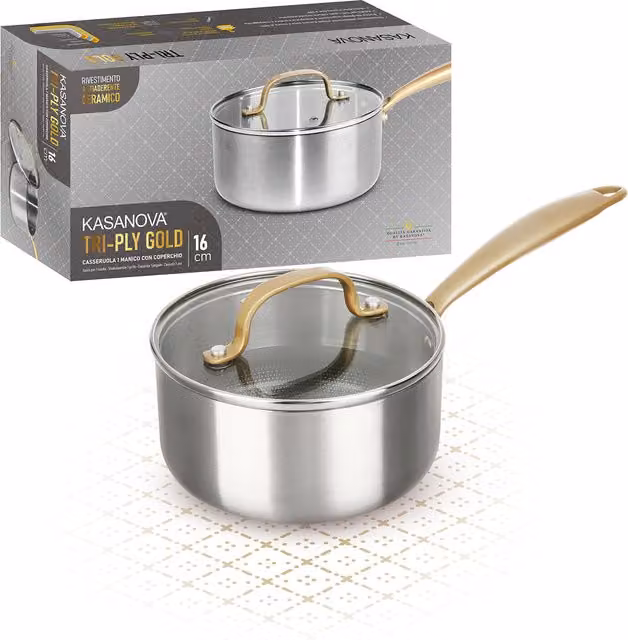 Casseruola Kasanova Tri Ply Gold con coperchio in vetro e rivestimento ceramico, Diametro: 16 cm