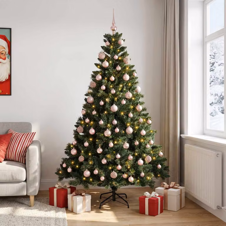 Albero di Natale Artificiale Moderno vidaXL Verde con 300 LED Warm White e Palline, Altezza: 240 cm