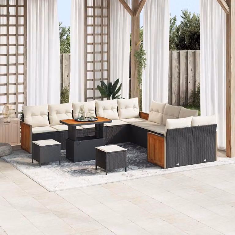 Set Divano da Giardino vidaXL 13 Pezzi a Forma di U con Tavolino e Pouf, Nero e Beige