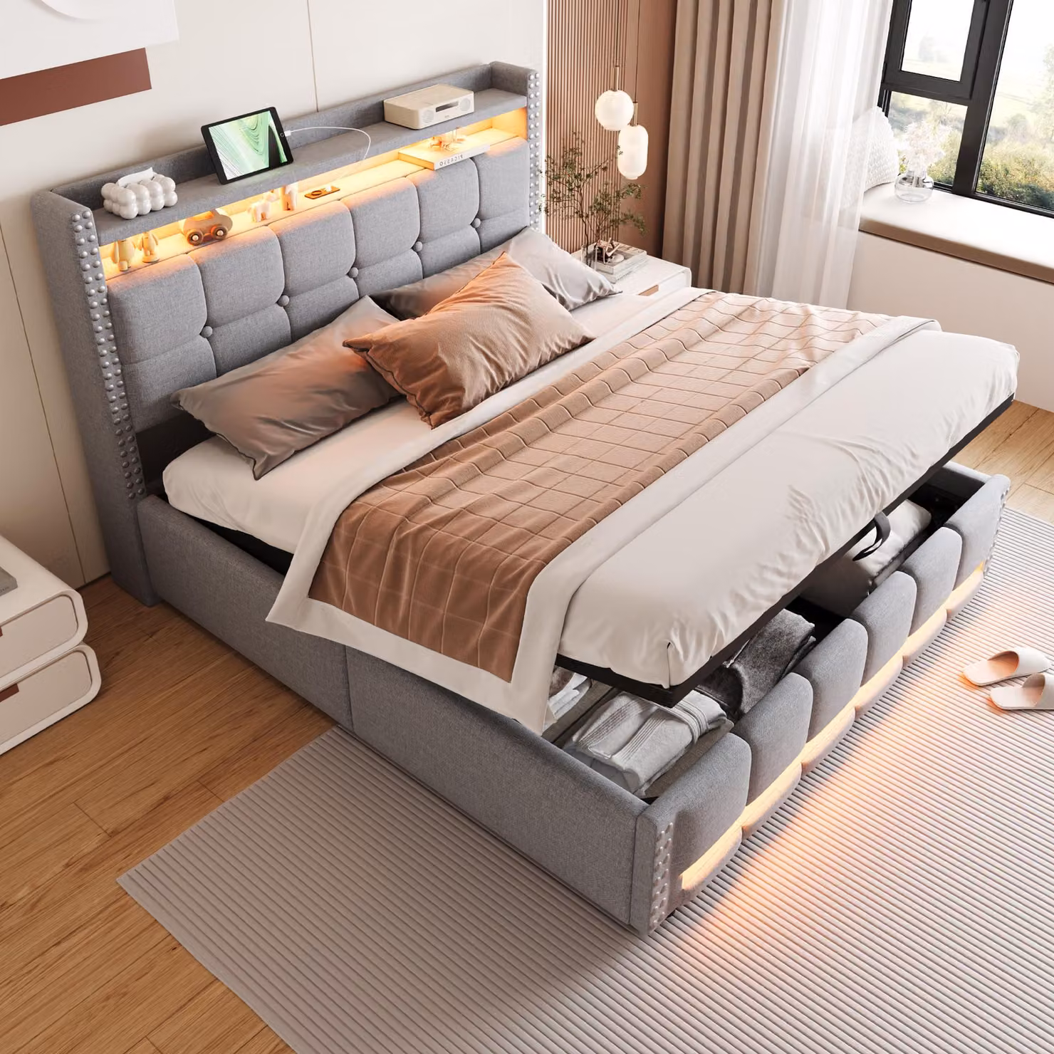 Letto imbottito 160x200 cm con illuminazione a LED, presa USB, testiera con spazio contenitivo e contenitore a sollevamento idraulico, rivestito in lino color grigio chiaro