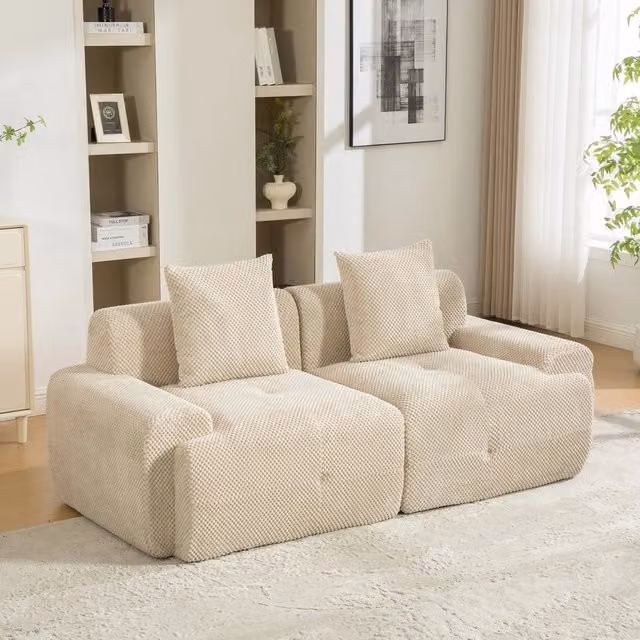 Divano Modulare Minimal in Tessuto Chenille Beige Chiaro con Cuscini