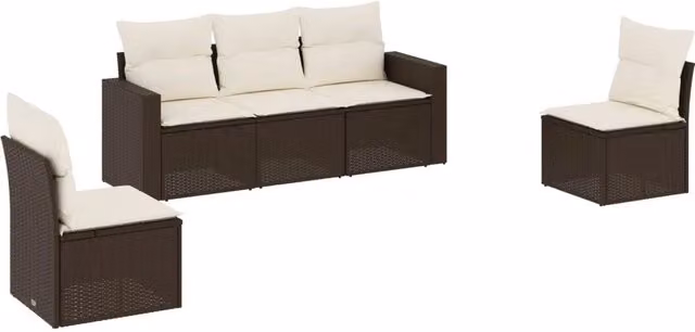 Set Divano da Giardino 5 pz | Set Salotto da Giardino con Cuscini Marrone in Polyrattan