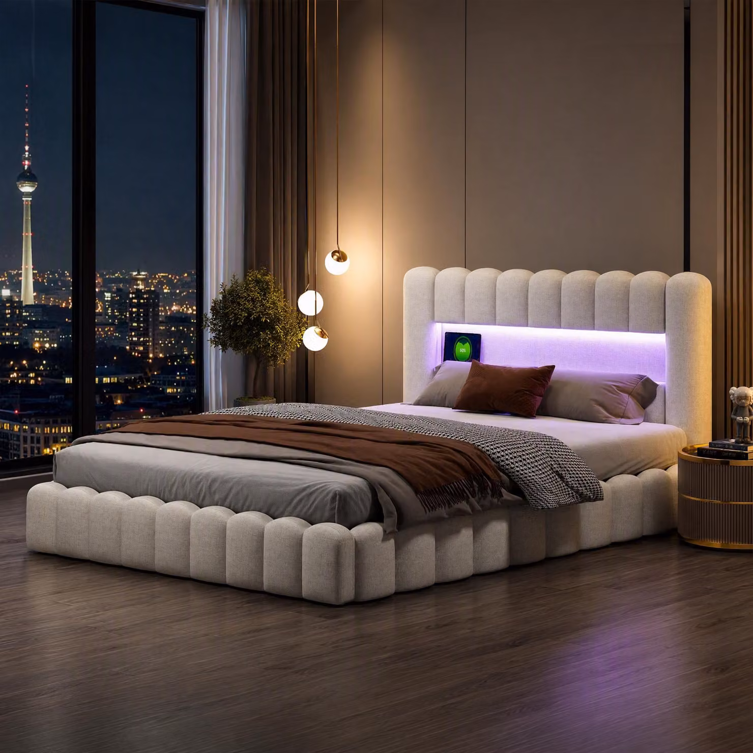 UnboxG Letto imbottito 160x200cm con USB, letto per ragazzi, letto matrimoniale con rete a doghe e contenitore, letto contenitore con LED, lino, beige