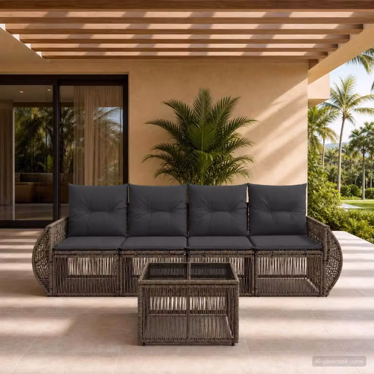 Maison Exclusive - Set da giardino composto da 5 pezzi. Divano e poltrone in rattan sintetico, colore grigio e grigio scuro